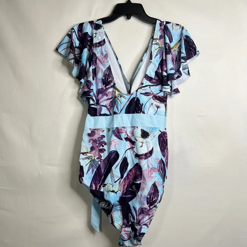 Blue Floral One Piece Swimsuit Women 3XL Tie Waist Tropical Cruise Vacation